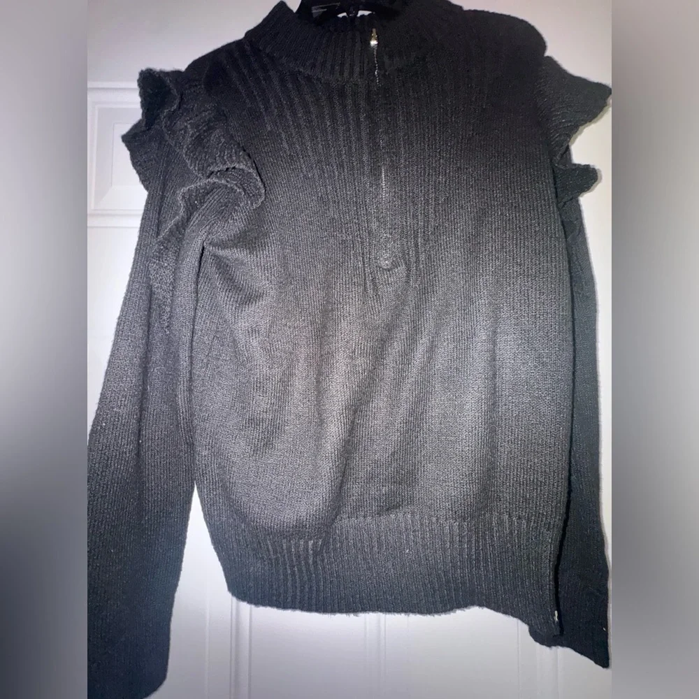 Black Women's Sweater with Ruffle Details - Picture 3 of 9